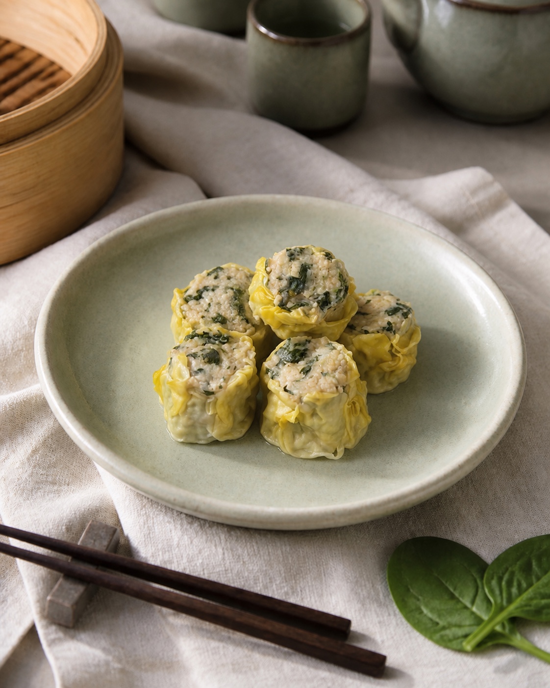 Styled serving of Nourvo Chicken, Spinach and Water Chestnut Siu Mai on celadon