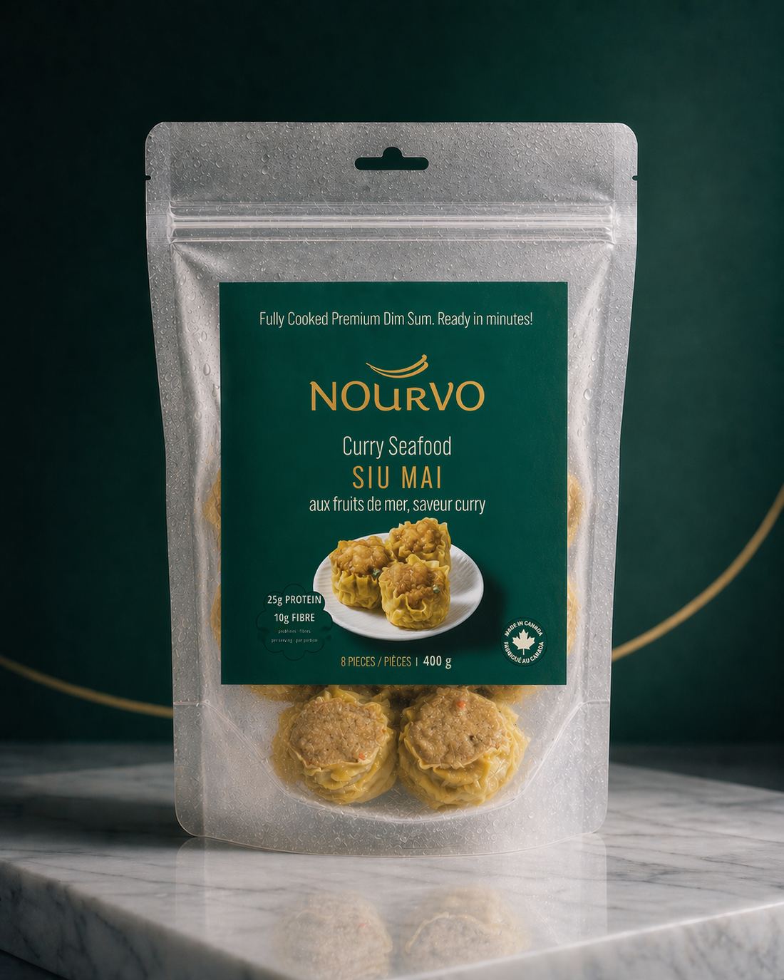 Nourvo Curry Seafood Siu Mai frozen dim sum package standing on a marble surface